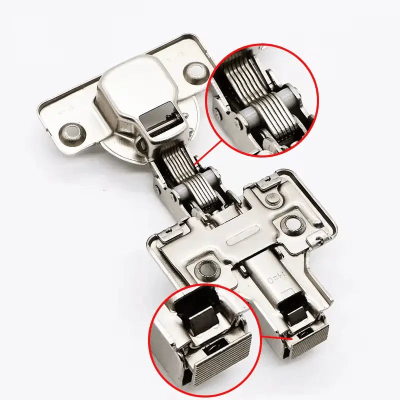 Concealed soft close hinge damper mechanism close up European style cabinet hardware