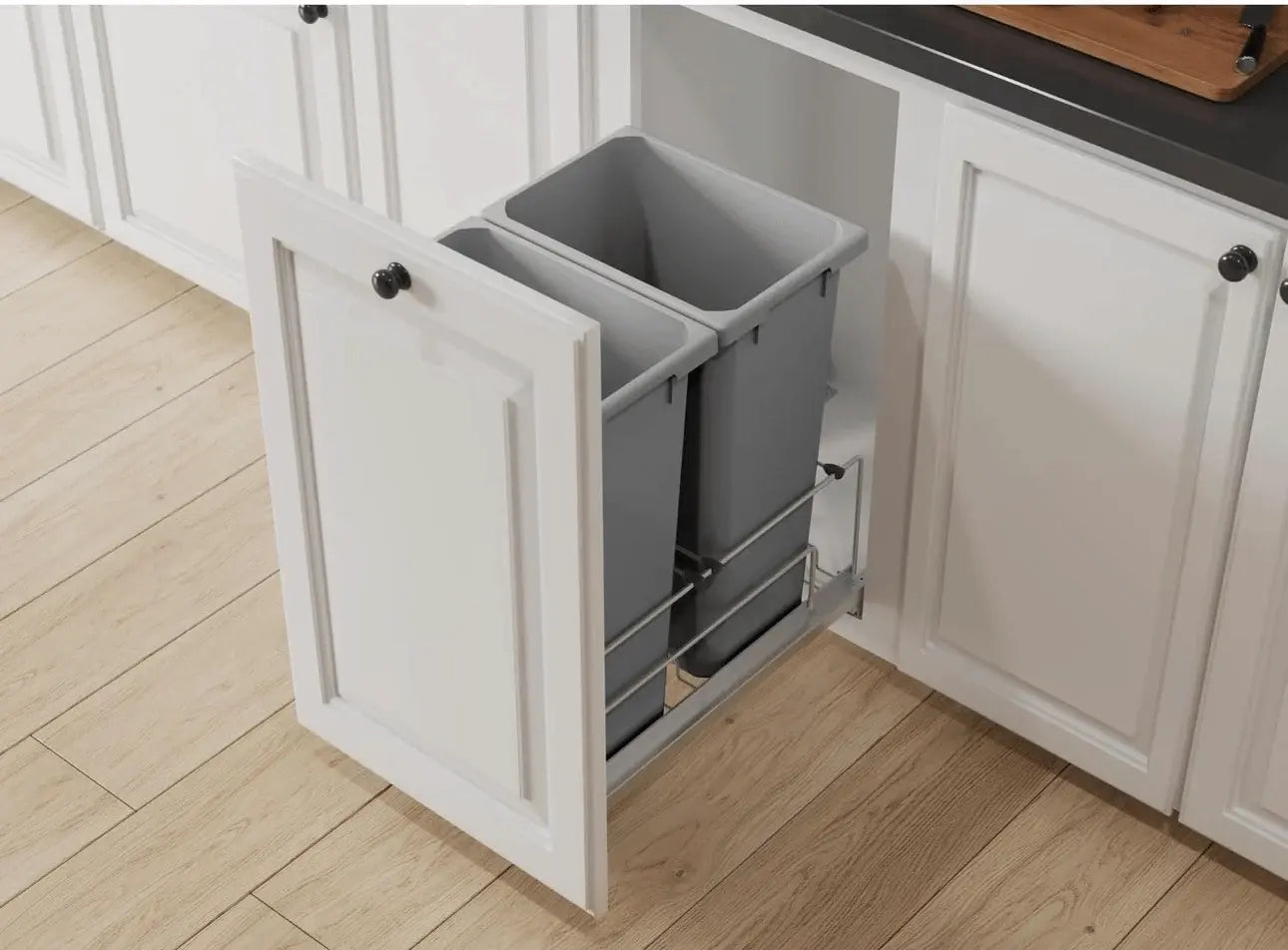 Pull out trash can organizer with soft close slides dual bin under cabinet waste system